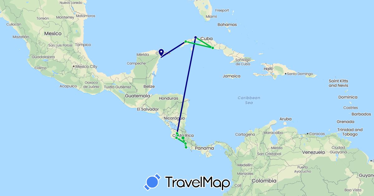 TravelMap itinerary: driving, bus in Costa Rica, Cuba, Mexico (North America)